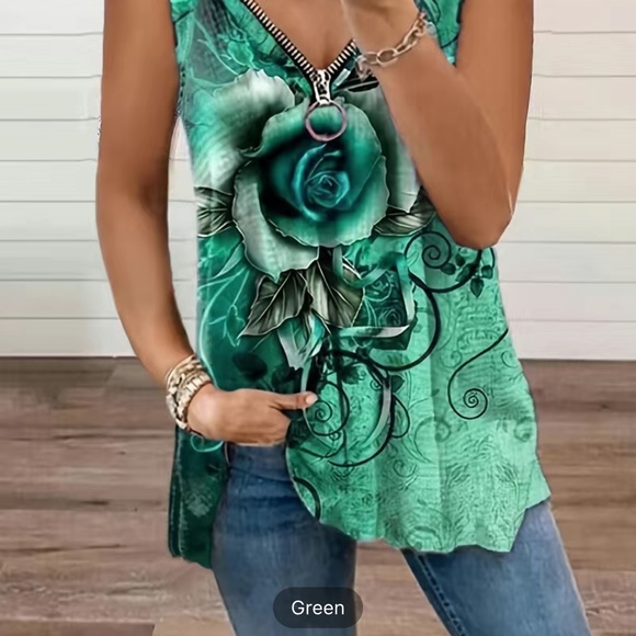 🔴 CLEARANCE 🏷️ NWT FLOWY GREEN/BLACK ROSE ZIPPER TANK TOP BLOUSE Women’s 1X 14 - Picture 2 of 9